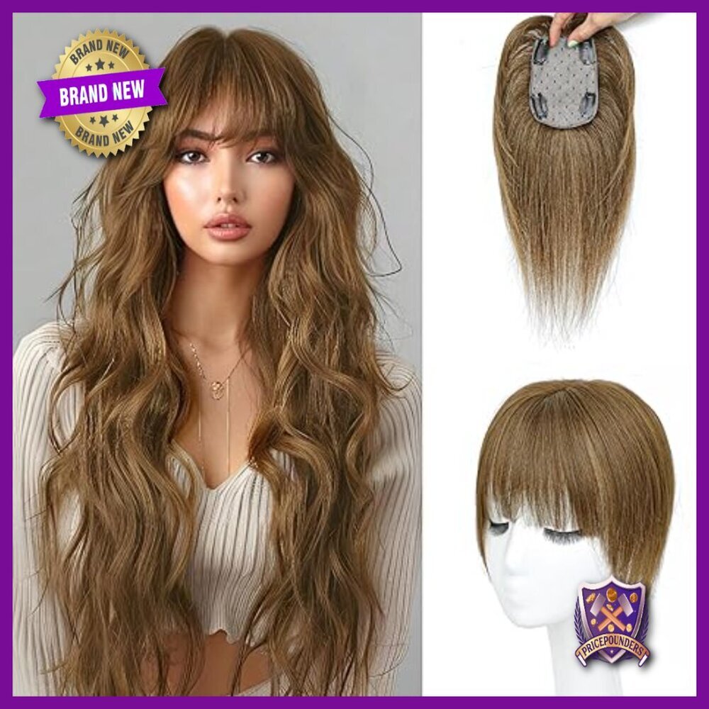 Human Hair Topper with Bangs 150% Density Clip In U Shape 10 Inch